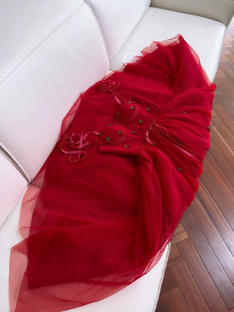 Elegant A line Spaghetti Straps Red Slim Fit Tulle Prom Dress Evening Dresses
