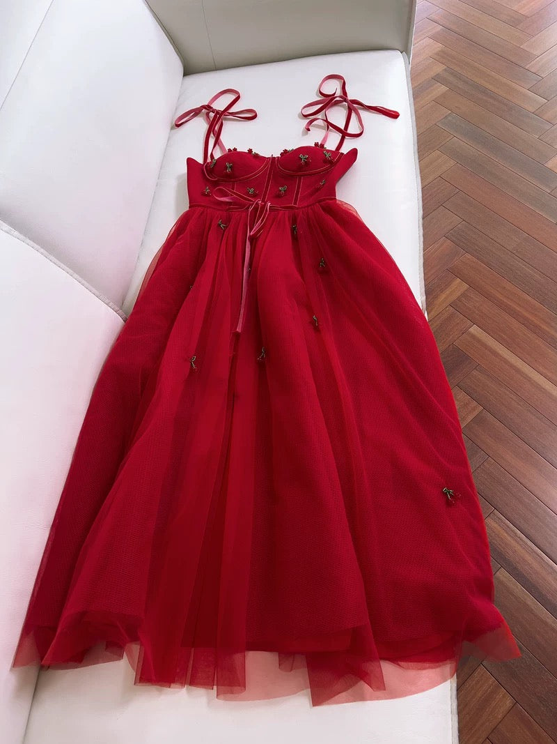 Elegant A line Spaghetti Straps Red Slim Fit Tulle Prom Dress Evening Dresses