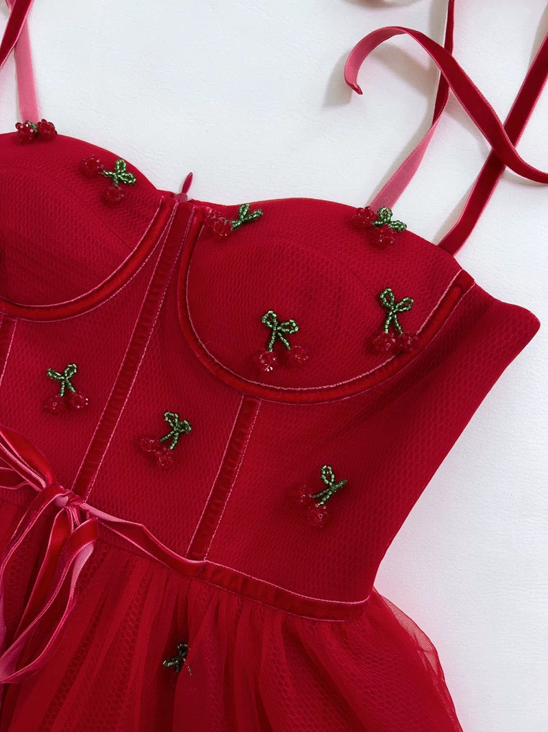 Elegant A line Spaghetti Straps Red Slim Fit Tulle Prom Dress Evening Dresses