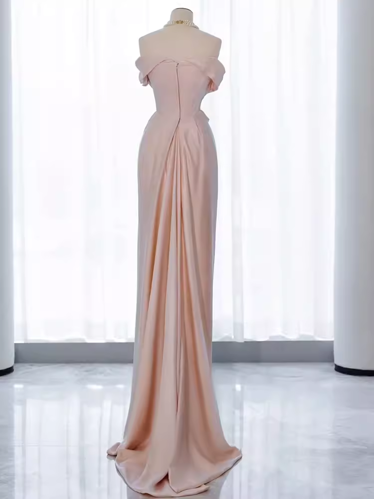 Modest Mermaid Off The Shoulder PInk Satin Long Prom Dresses