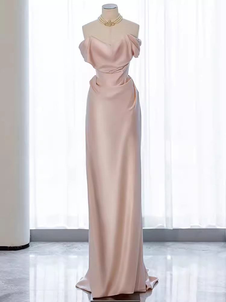 Modest Mermaid Off The Shoulder PInk Satin Long Prom Dresses