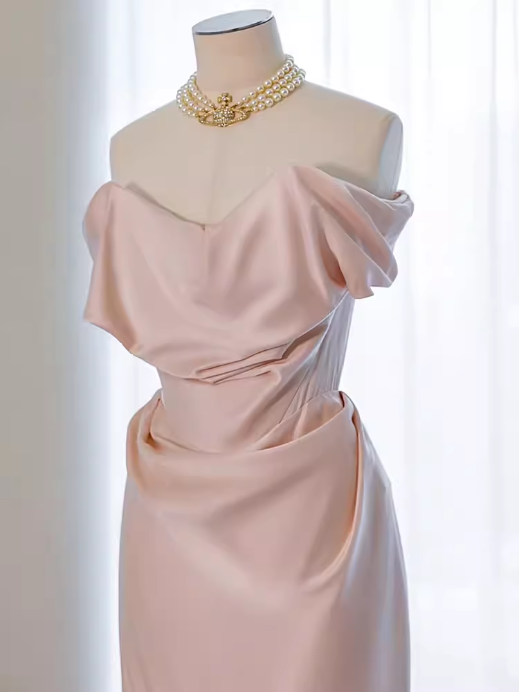 Modest Mermaid Off The Shoulder PInk Satin Long Prom Dresses