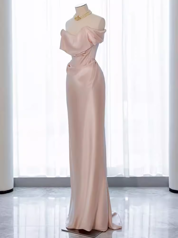 Modest Mermaid Off The Shoulder PInk Satin Long Prom Dresses