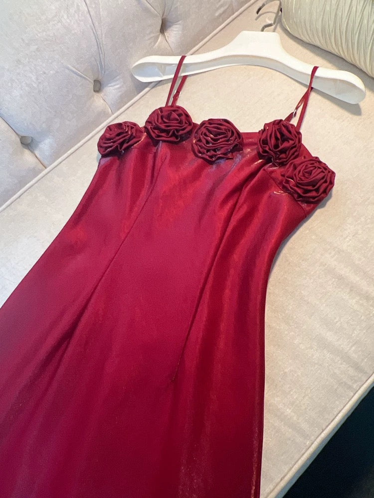 Elegant A line Spaghetti Straps Red Slim Fit Satin Prom Dress Evening Dresses