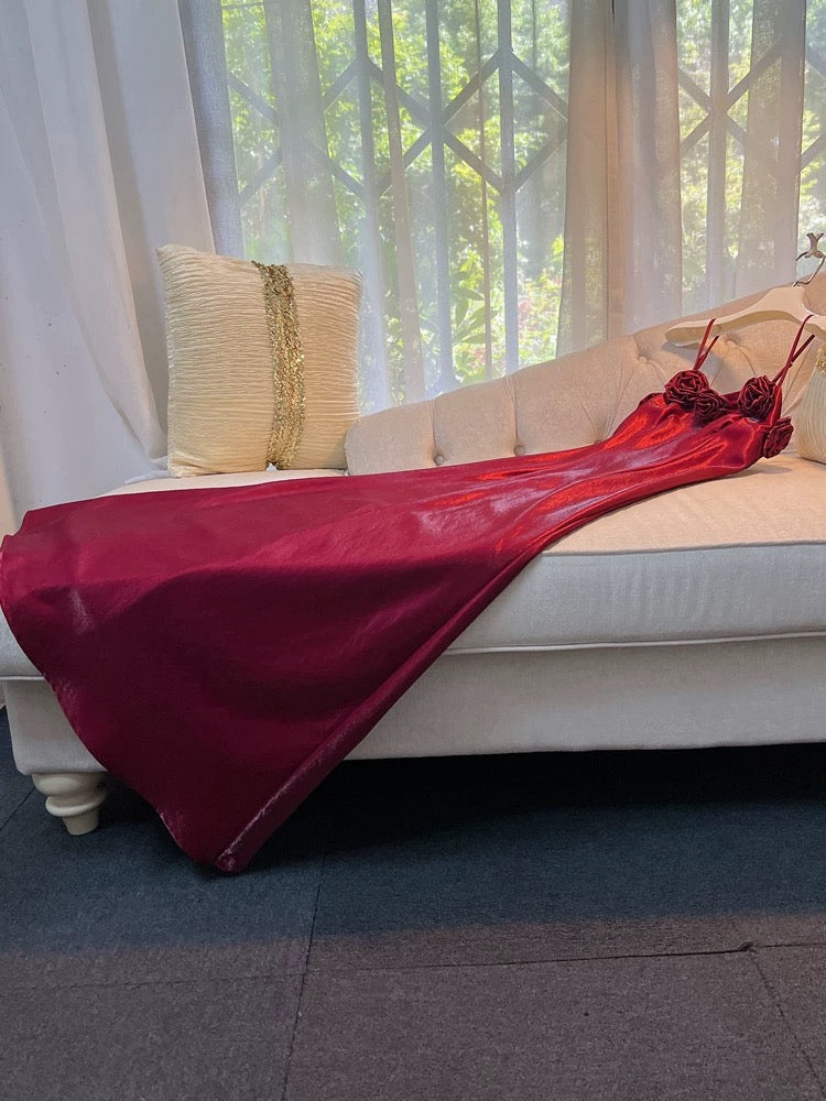 Elegant A line Spaghetti Straps Red Slim Fit Satin Prom Dress Evening Dresses