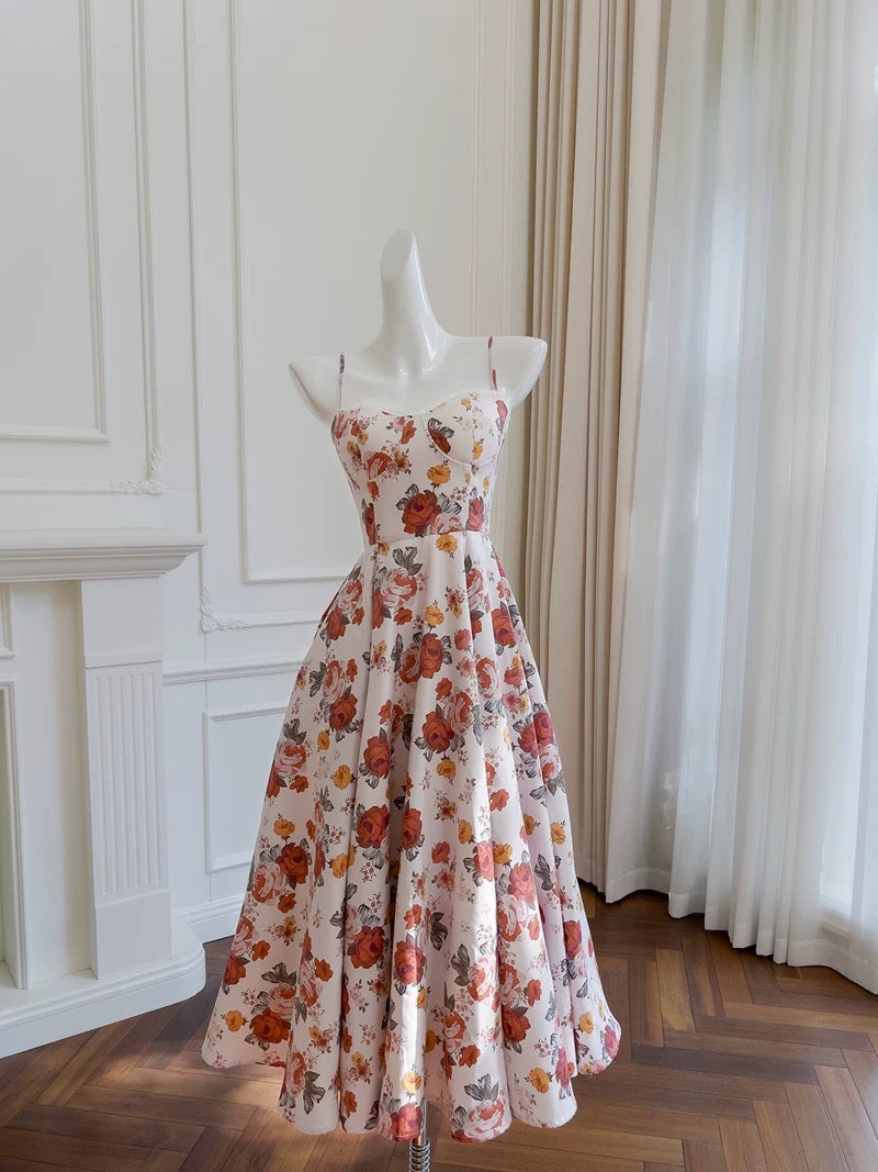 Elegant A Line Straps Neckline Pink Floral Satin Prom Dress Evening Dresses