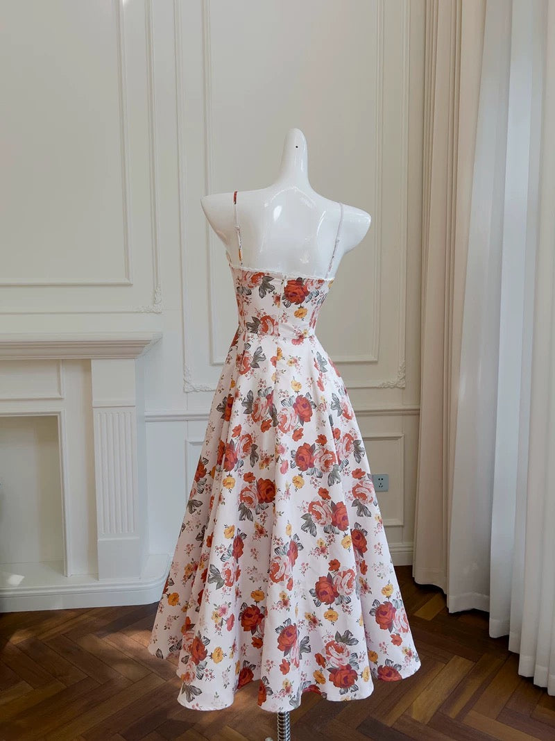 Elegant A Line Straps Neckline Pink Floral Satin Prom Dress Evening Dresses