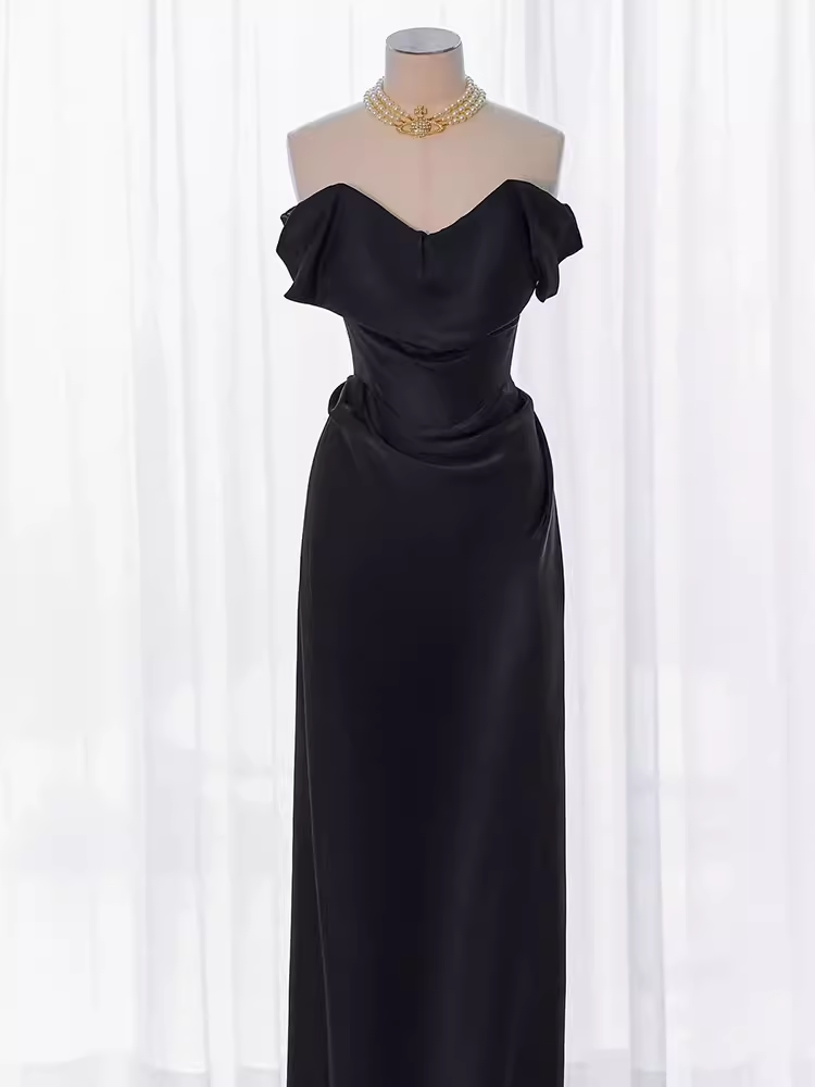 Modest Mermaid Off The Shoulder Black Satin Long Prom Dresses