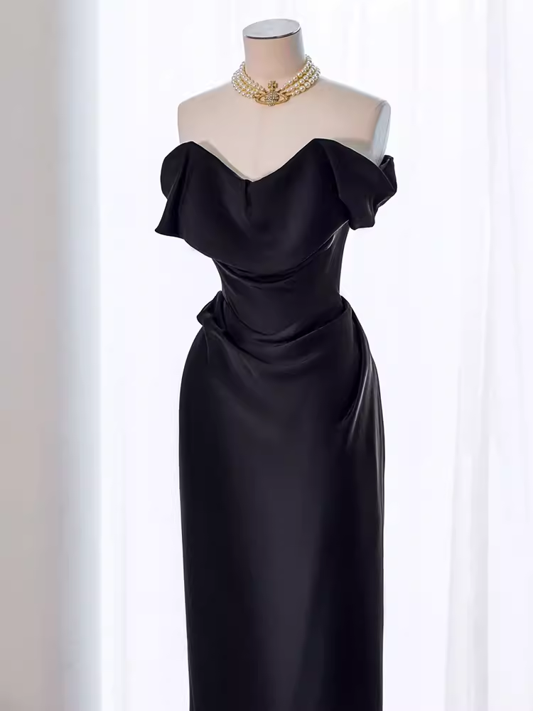 Modest Mermaid Off The Shoulder Black Satin Long Prom Dresses