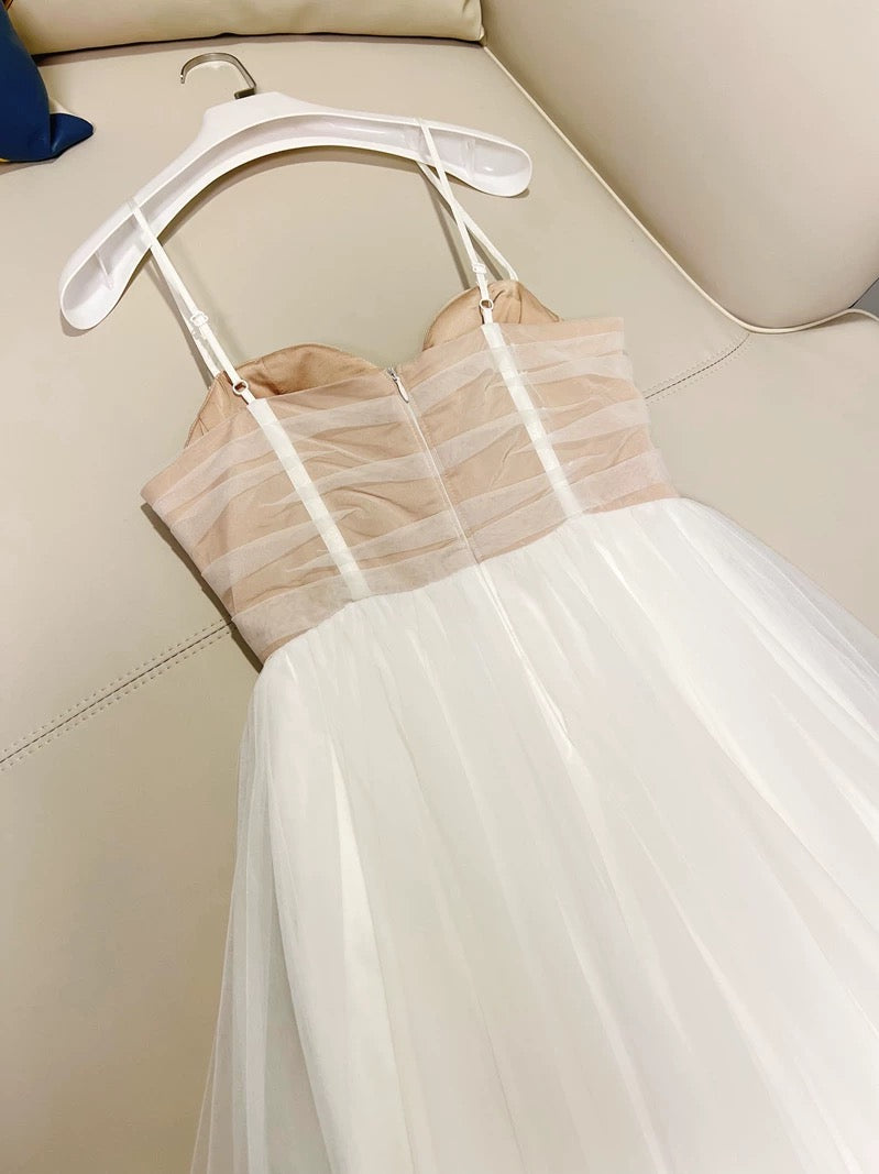 Simple A Line Spaghetti Straps White Tulle Prom Dress Evening Dresses