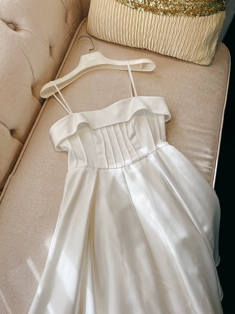 Modest A Line Spaghetti Straps White Short Satin Homecoming Dresses Party Dress