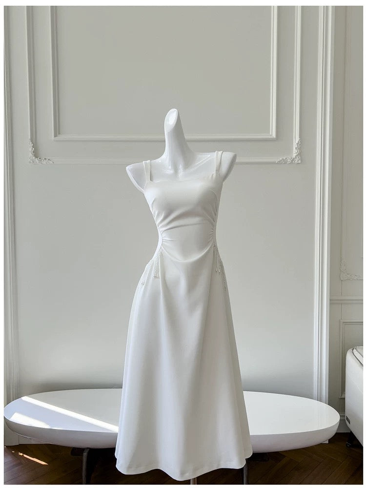 Simple A Line Straps White Satin Ankle Length Prom Dress Evening Dresses