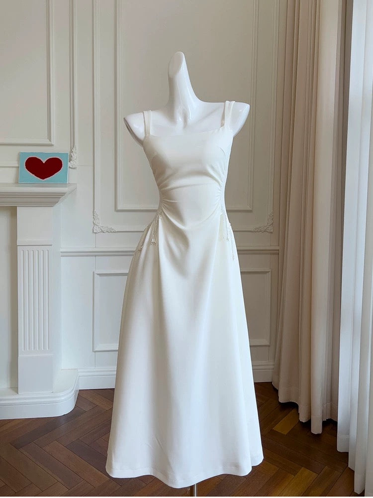 Simple A Line Straps White Satin Ankle Length Prom Dress Evening Dresses