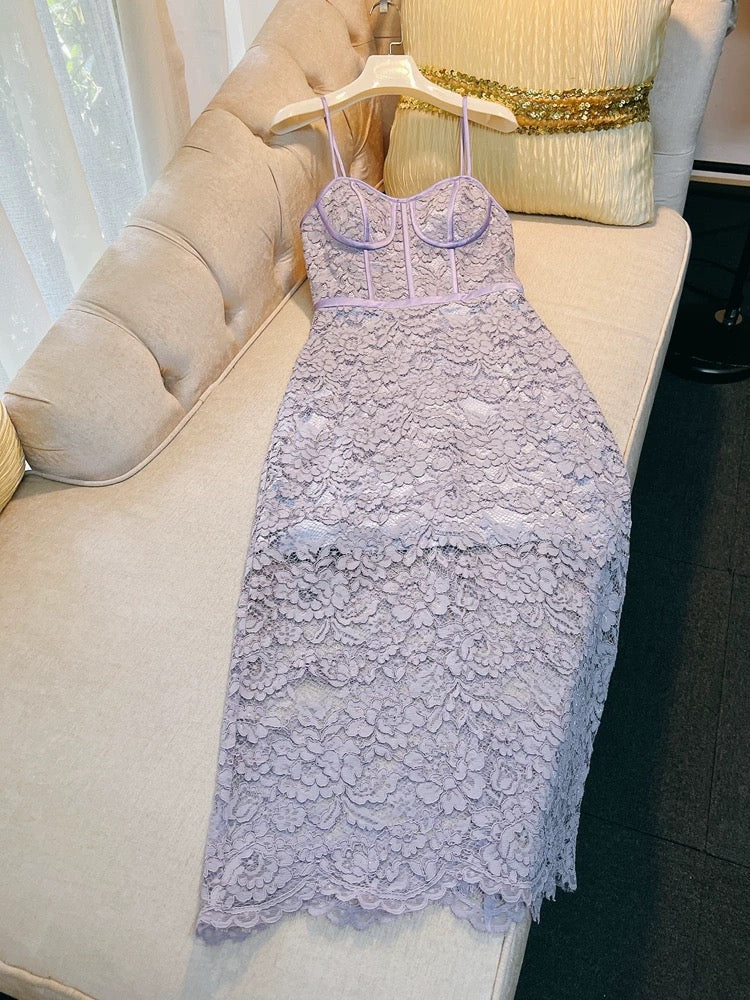 Modest A Line Spaghetti Straps Long Lilac Lace Prom Dress Evening Dresses