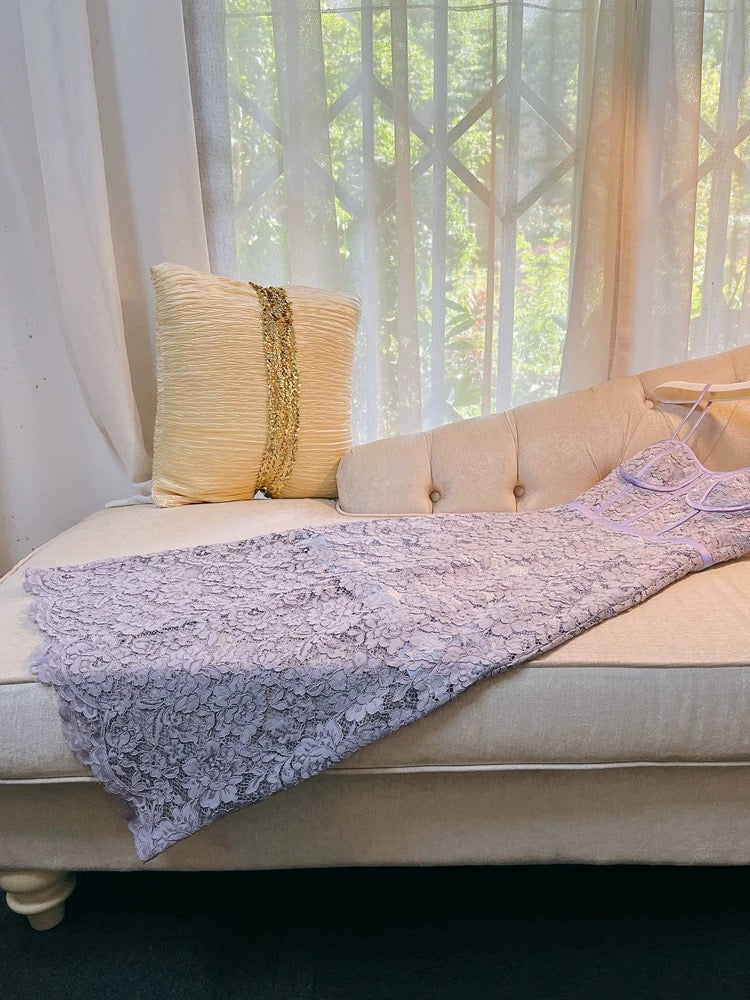 Modest A Line Spaghetti Straps Long Lilac Lace Prom Dress Evening Dresses