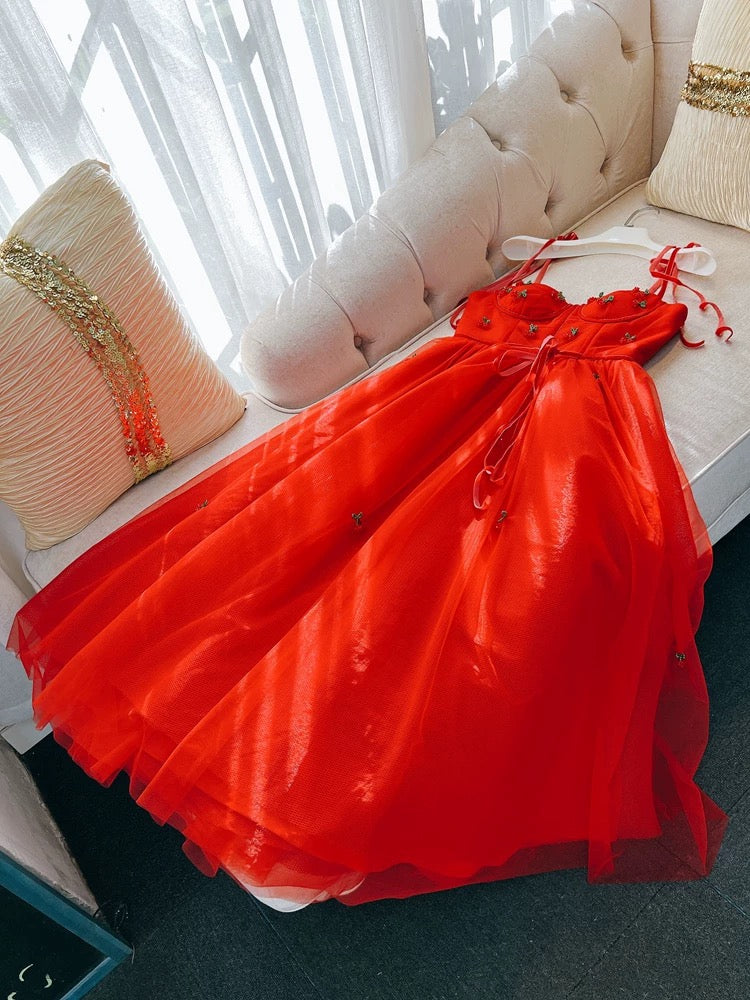 Modest A Line Spaghetti Straps Tulle Red Homecoming Dresses Birthday Outfits