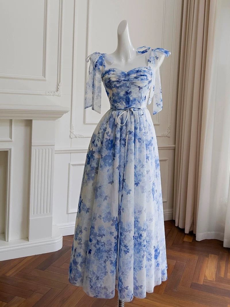 Pretty A Line Spaghetti Straps Long Blue Floral Prom Dress Evening Dresses