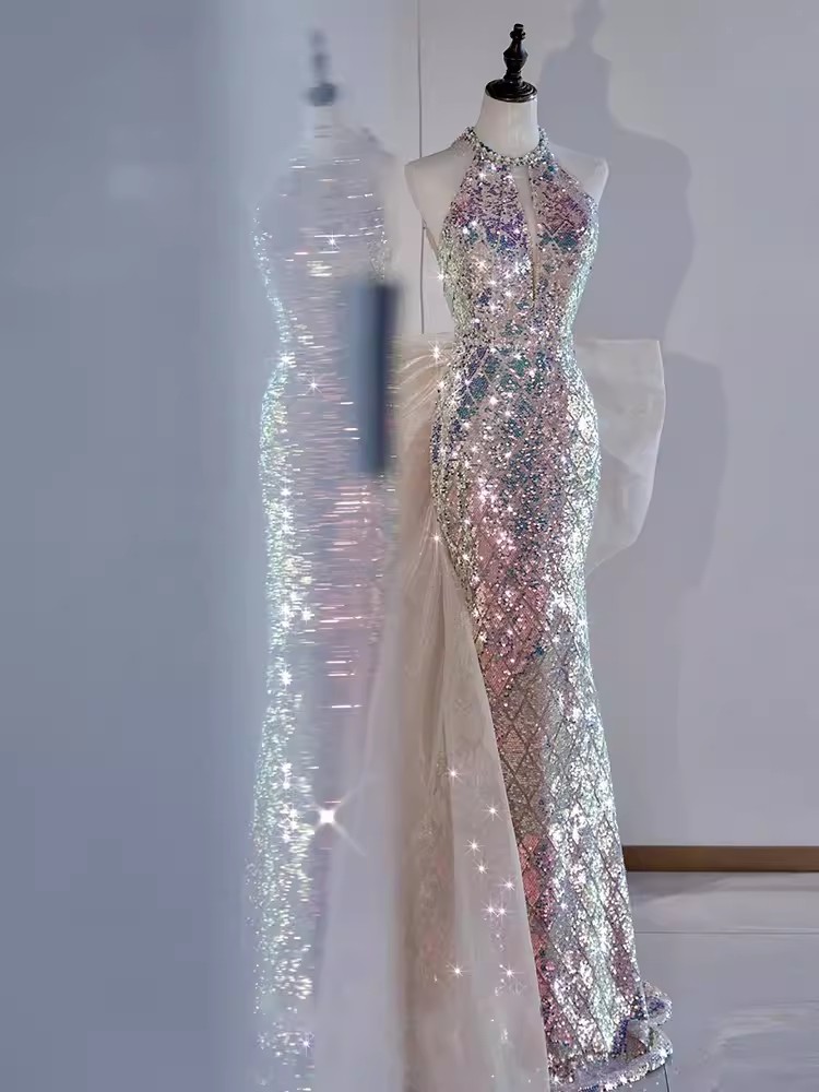 Modest Mermaid Scoop Sequin Long Prom Dresses