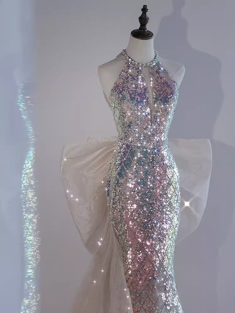 Modest Mermaid Scoop Sequin Long Prom Dresses