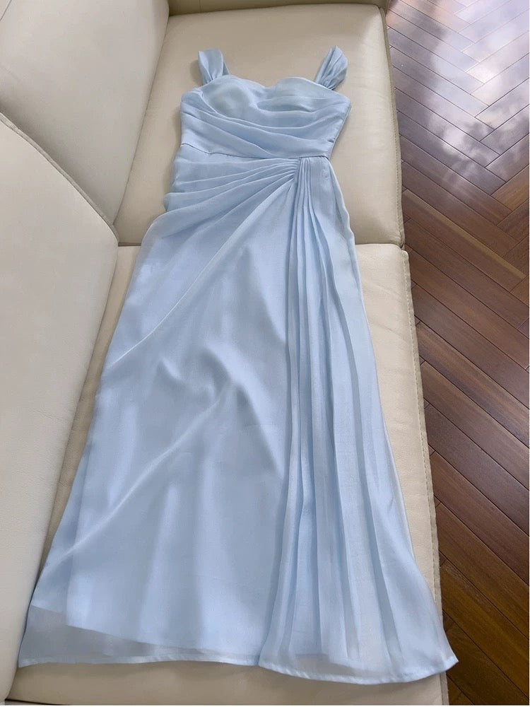 Pretty Sheath Straps Chiffon Light Sky Blue Prom Dress Evening Dresses
