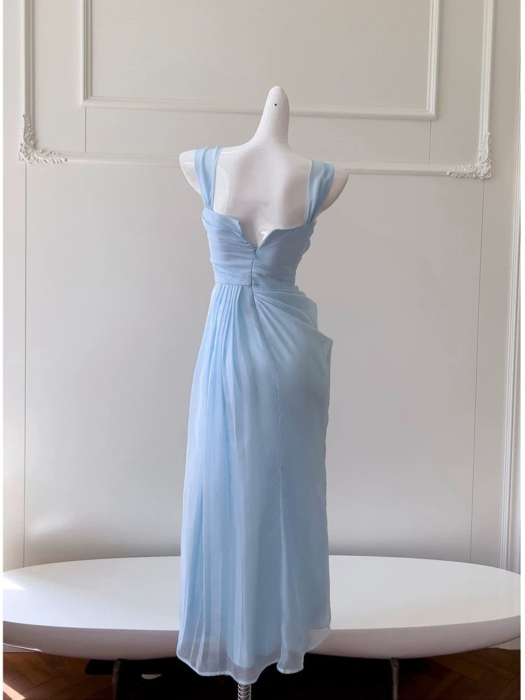 Pretty Sheath Straps Chiffon Light Sky Blue Prom Dress Evening Dresses
