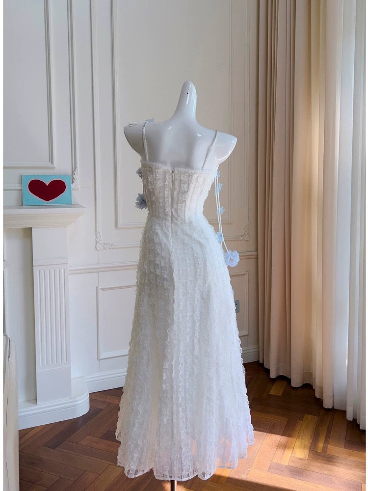Pretty A Line Straps White Lace Prom Dress With Flowers Prom Dresses