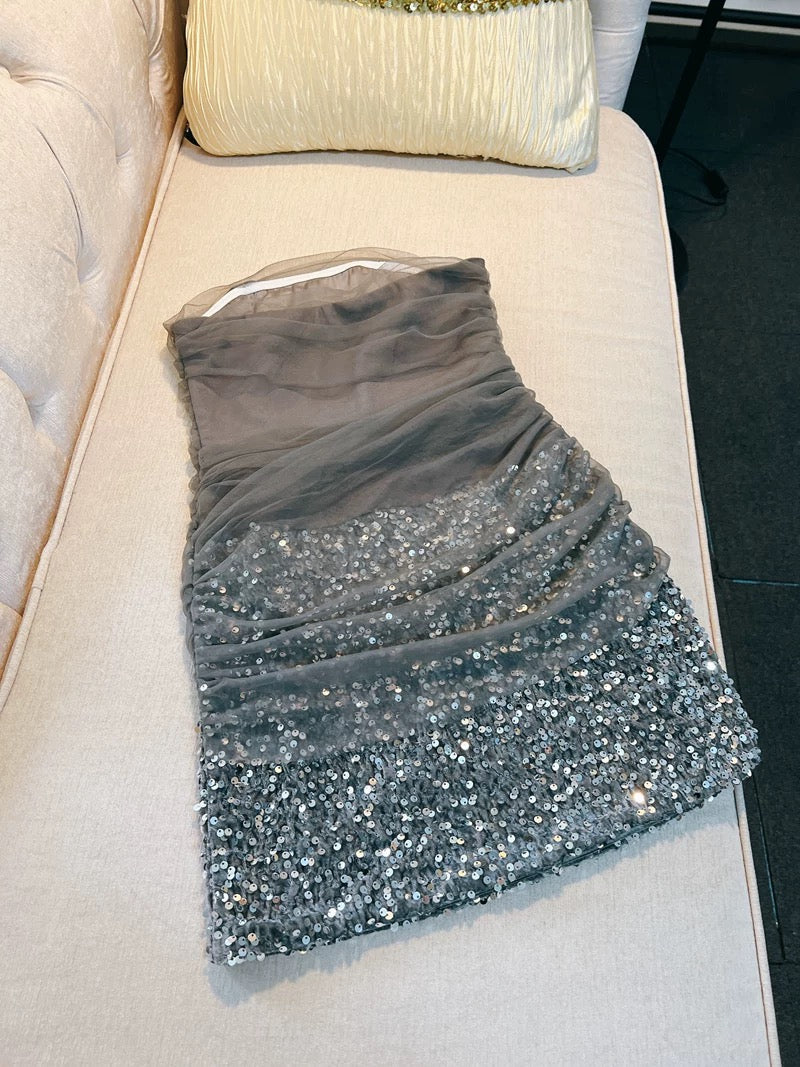 Modest Sheath Strapless Gray Sequin Short Homecoming Dresses Birthday Outfits