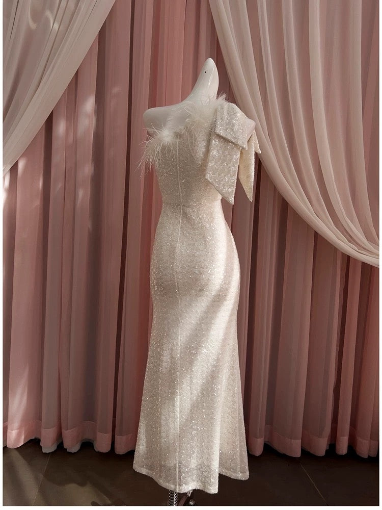 Pretty Sheath One Shoulder Sequin Slit Prom Dress White Formal Dresses
