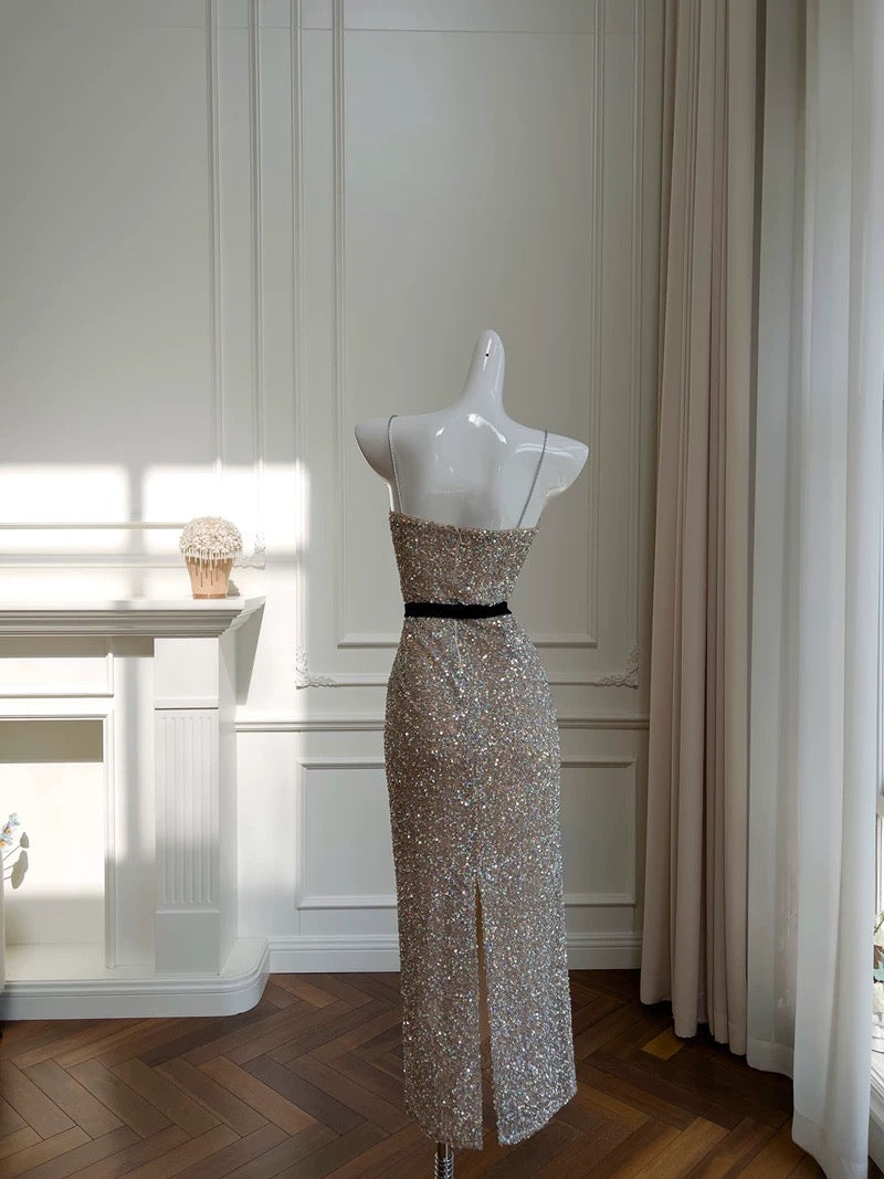Pretty Sheath Spaghetti Straps Champagne Sequin Prom Dress Formal Dresses