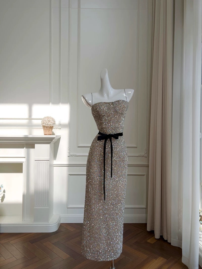 Pretty Sheath Spaghetti Straps Champagne Sequin Prom Dress Formal Dresses
