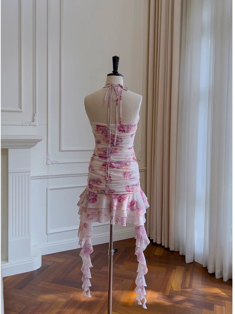 Modest Sheath Halter Floral Chiffon Short Homecoming Dresses Birthday Outfits