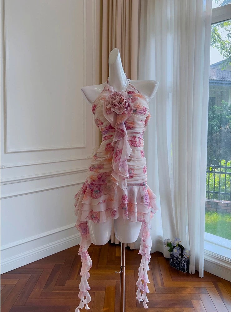 Modest Sheath Halter Floral Chiffon Short Homecoming Dresses Birthday Outfits
