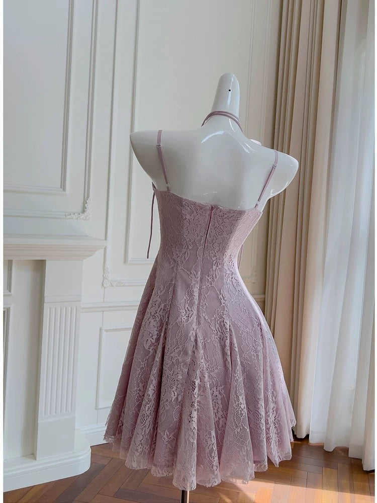 Modest A line Spaghetti Straps Lace Lilac Short Homecoming Dresses Birthday Outfits