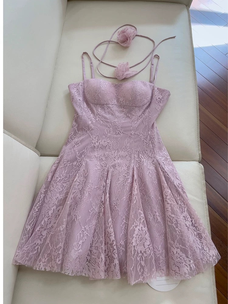 Modest A line Spaghetti Straps Lace Lilac Short Homecoming Dresses Birthday Outfits