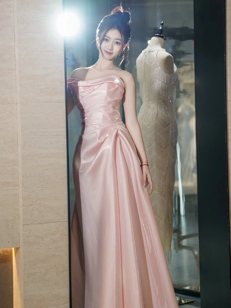 Modest Mermaid Strapless Shiny Satin Pink Long Prom Dresses