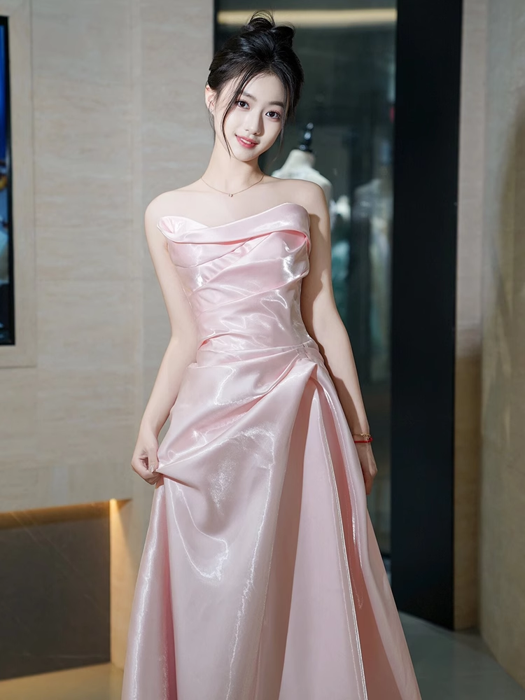 Modest Mermaid Strapless Shiny Satin Pink Long Prom Dresses