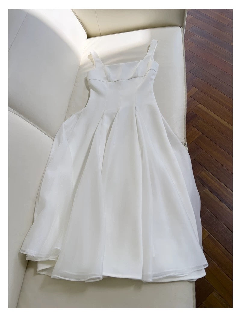 Simple A line Straps White Chiffon Ankle Length Prom Dress Formal Dresses