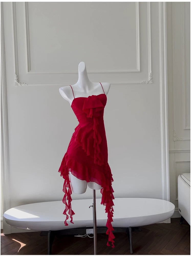 Modest Sheath Spaghetti Straps Red Chiffon Ruffled Short Homecoming Dresses Birthday Outfits