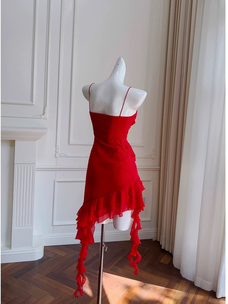 Modest Sheath Spaghetti Straps Red Chiffon Ruffled Short Homecoming Dresses Birthday Outfits