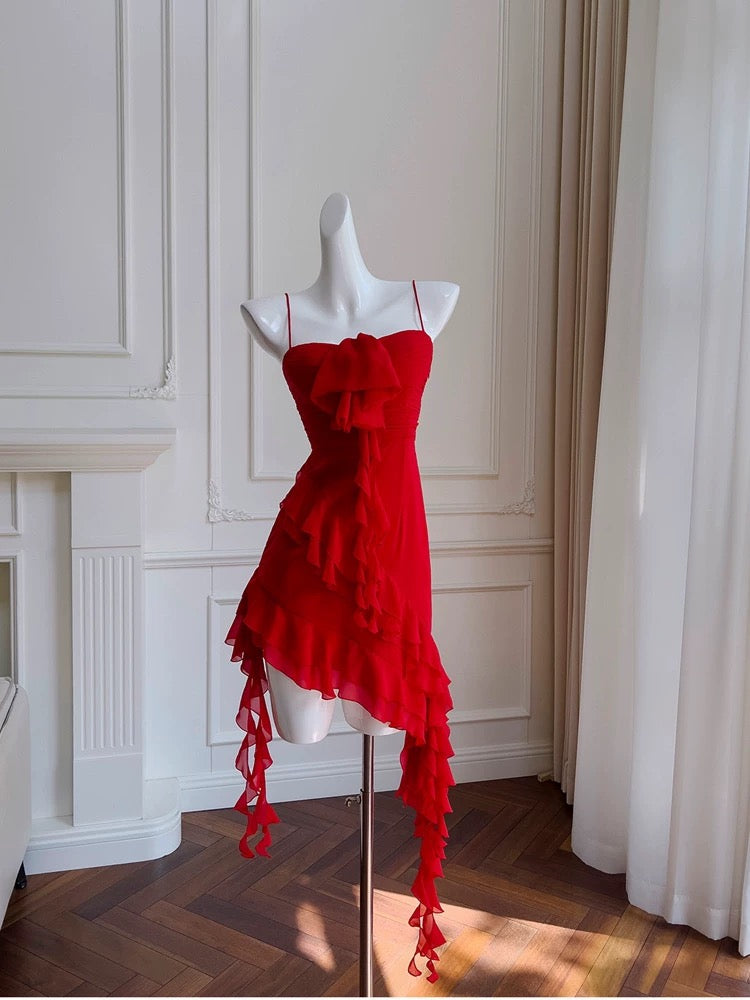 Modest Sheath Spaghetti Straps Red Chiffon Ruffled Short Homecoming Dresses Birthday Outfits