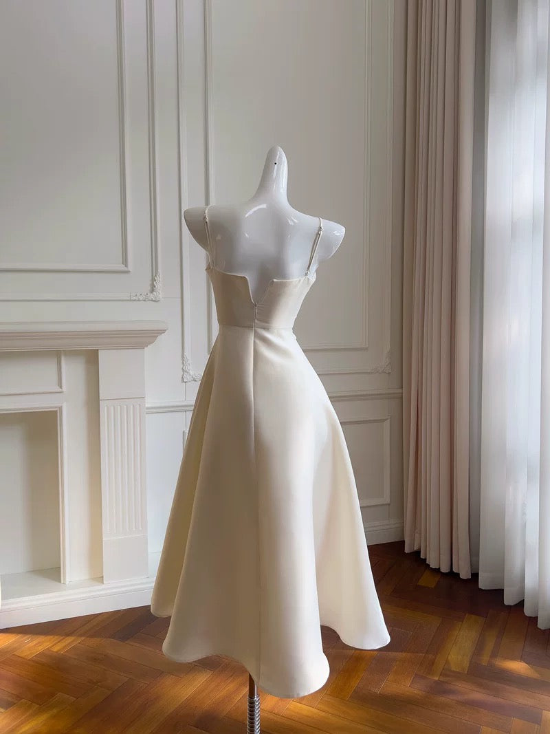 Modest A line Spaghetti Straps White Satin Ankle Length Prom Dress Formal Dresses