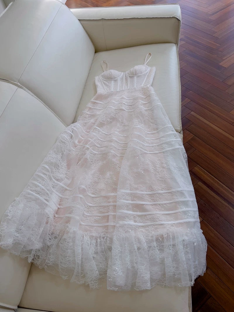 Modest A line Spaghetti Straps White Tulle Ankle Length Prom Dress Formal Dresses