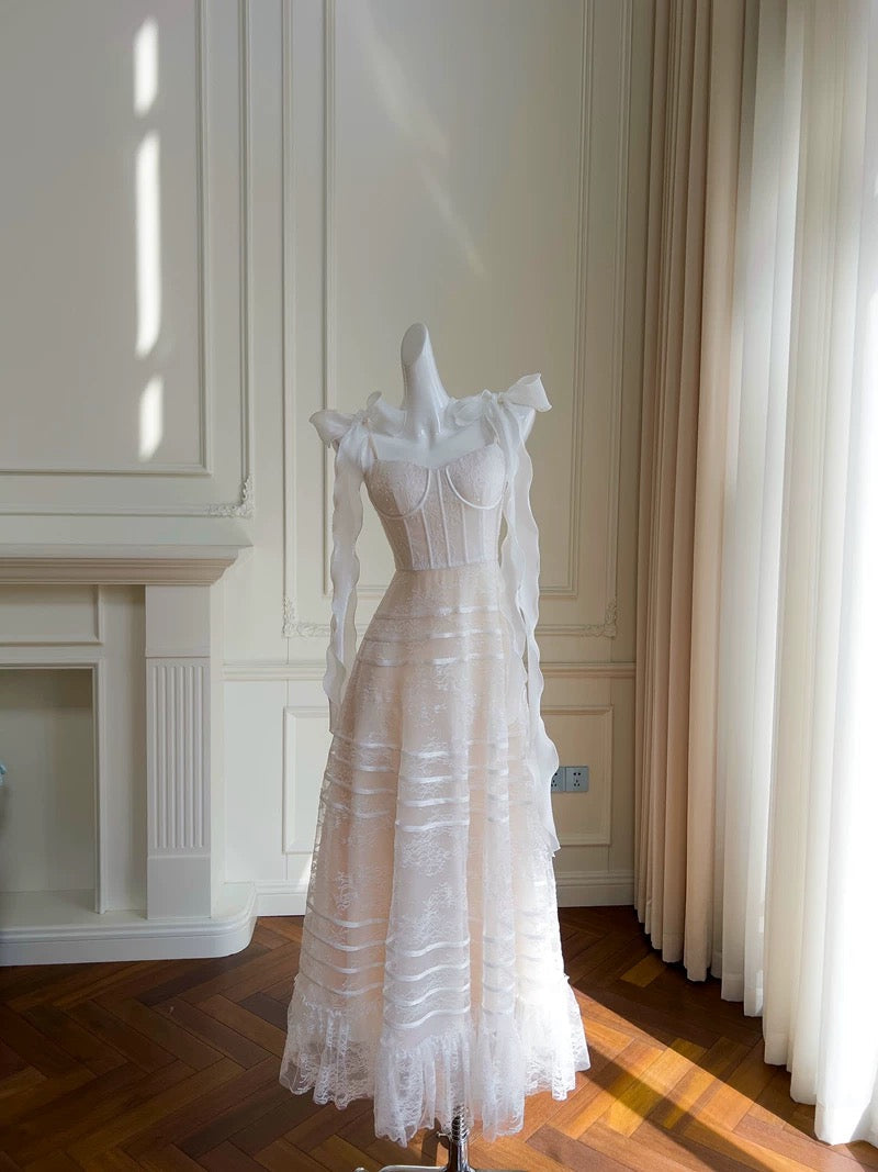 Modest A line Spaghetti Straps White Tulle Ankle Length Prom Dress Formal Dresses