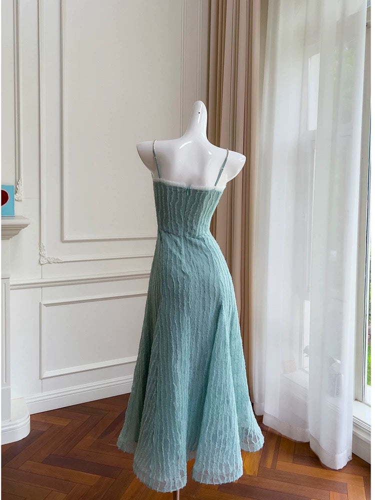 Modest A line Spaghetti Straps Light Sky Blue Lace Ankle Length Prom Dress Formal Dresses