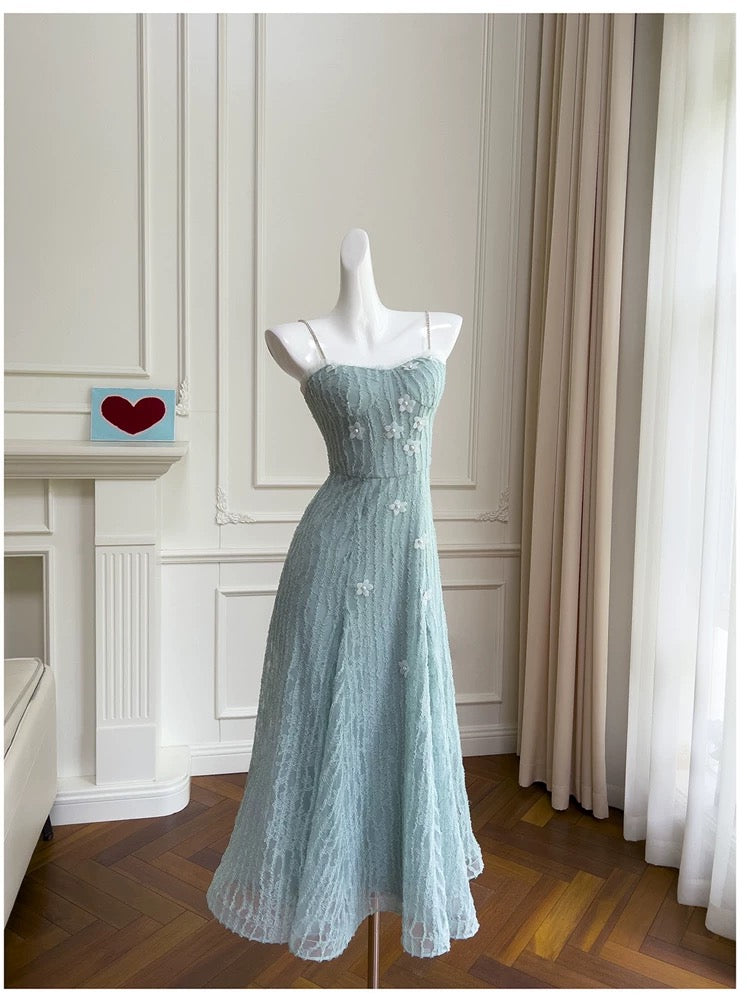 Modest A line Spaghetti Straps Light Sky Blue Lace Ankle Length Prom Dress Formal Dresses