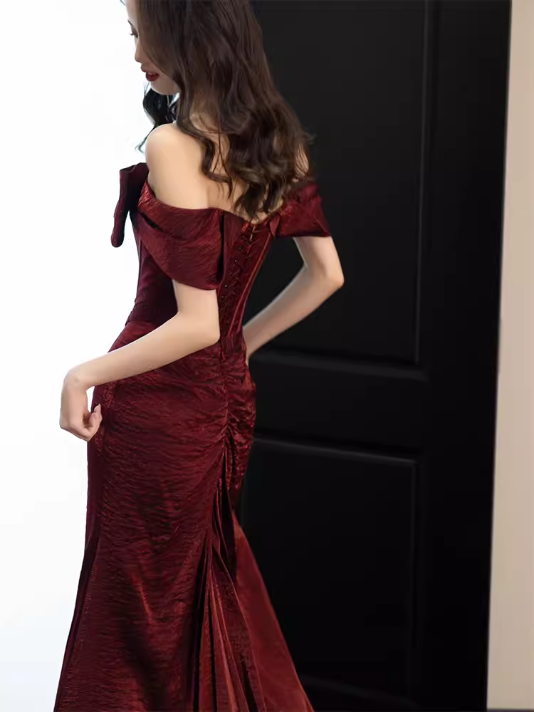 Modest Mermaid Off The Shoulder Shiny Satin Burgundy Long Prom Dresses