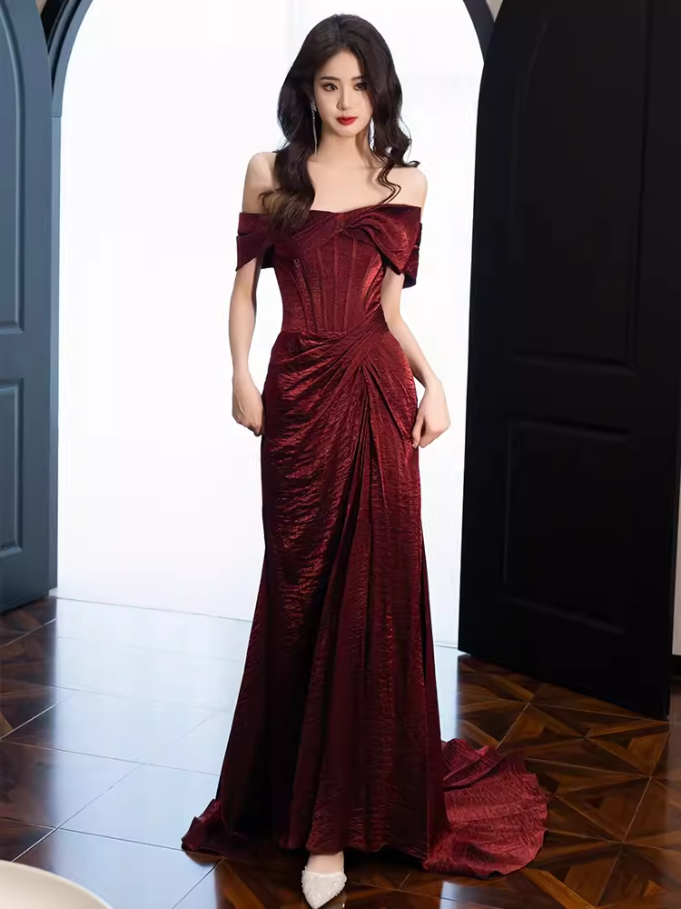 Modest Mermaid Off The Shoulder Shiny Satin Burgundy Long Prom Dresses