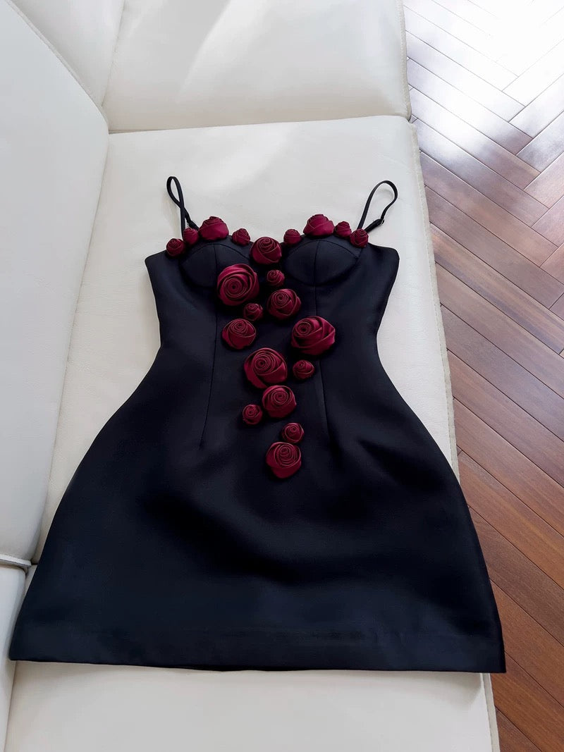 Cute A Line Straps Black Satin Homecoming Dresses Birthday Outfits With Flowers