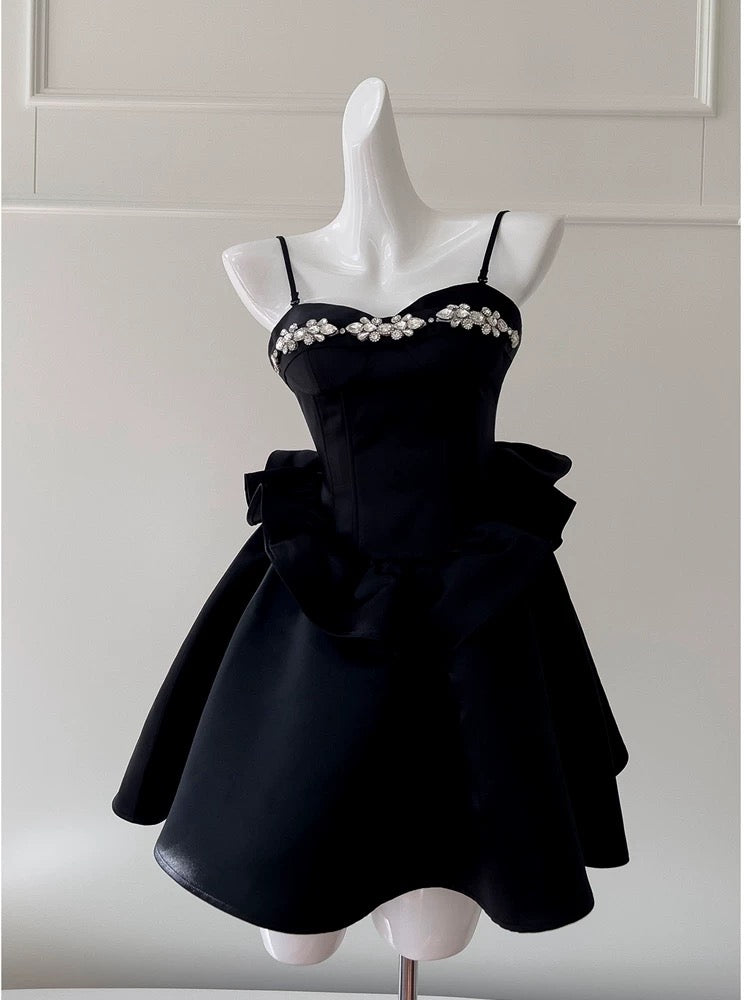 Cute A Line Spaghetti Straps Black Satin Homecoming Dresses Birthday Outfits With Beads