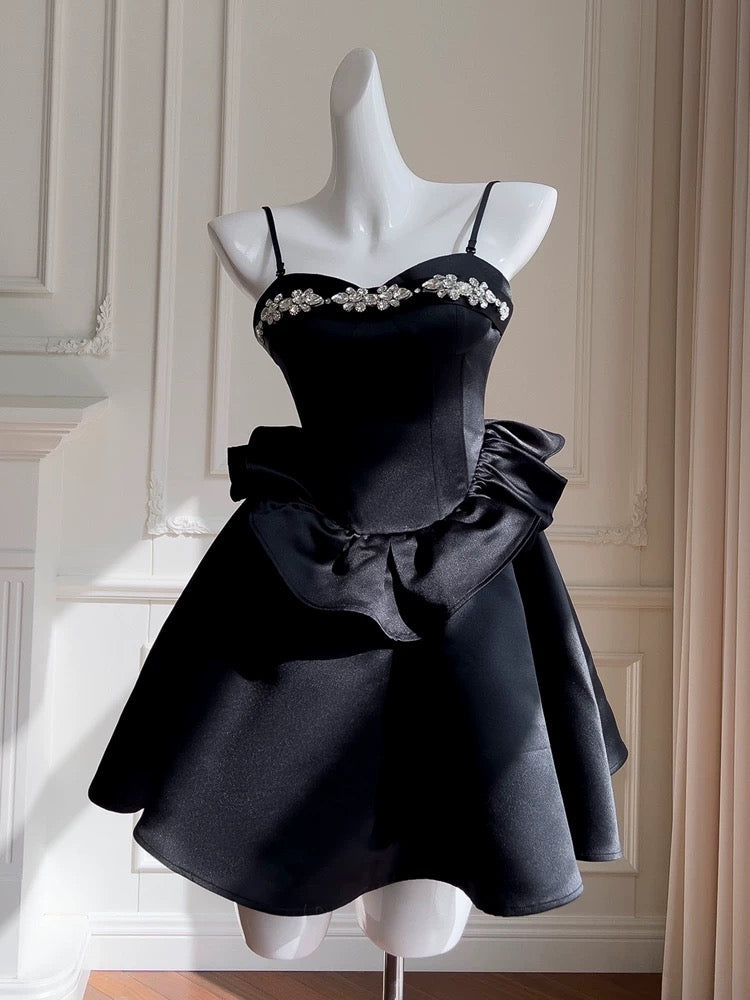 Cute A Line Spaghetti Straps Black Satin Homecoming Dresses Birthday Outfits With Beads